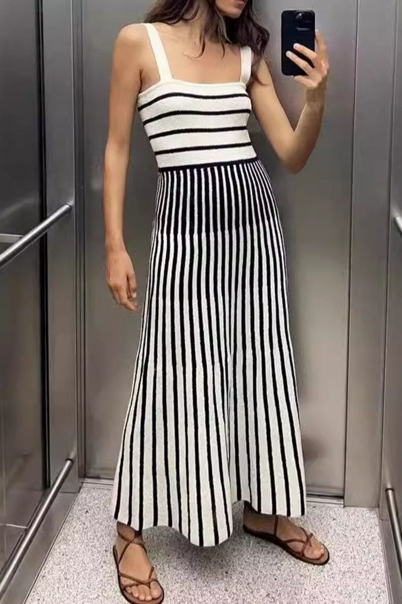 Striped Square Neck Knit Maxi Dress