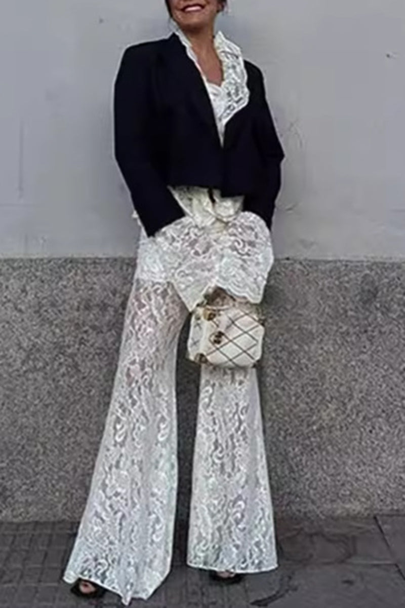 Sheer Lace Top and Flared Pants Set