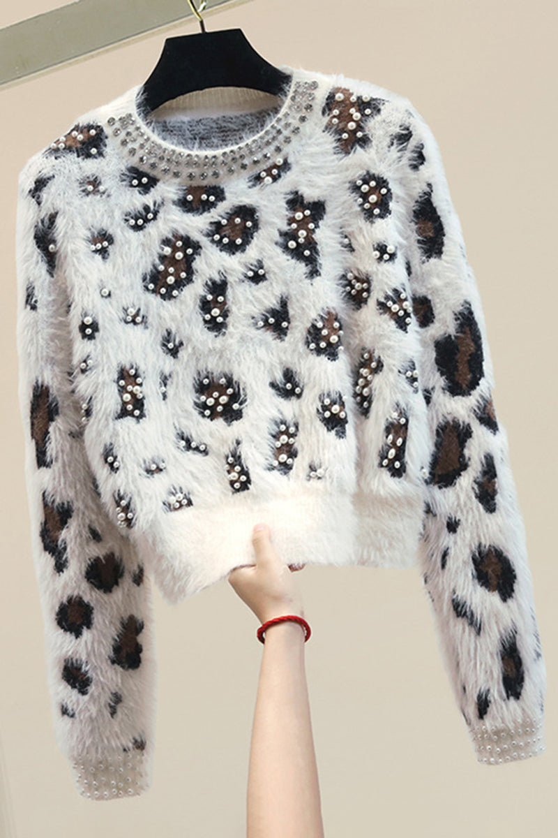 Beaded Animal Print Fuzzy Knit Sweater