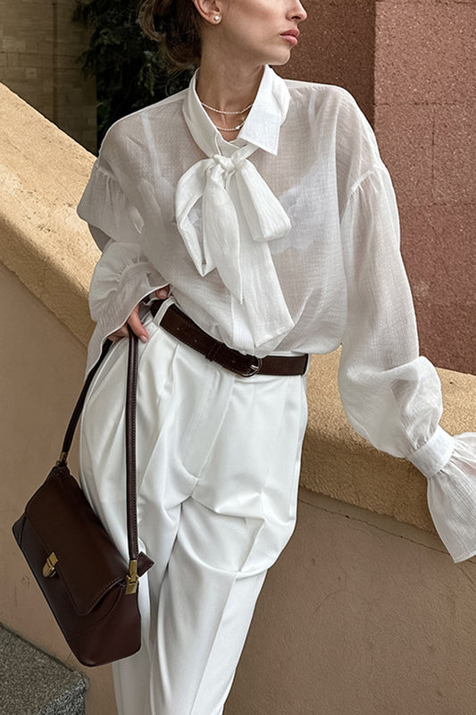 Bell-Sleeve Bow Tie Blouse