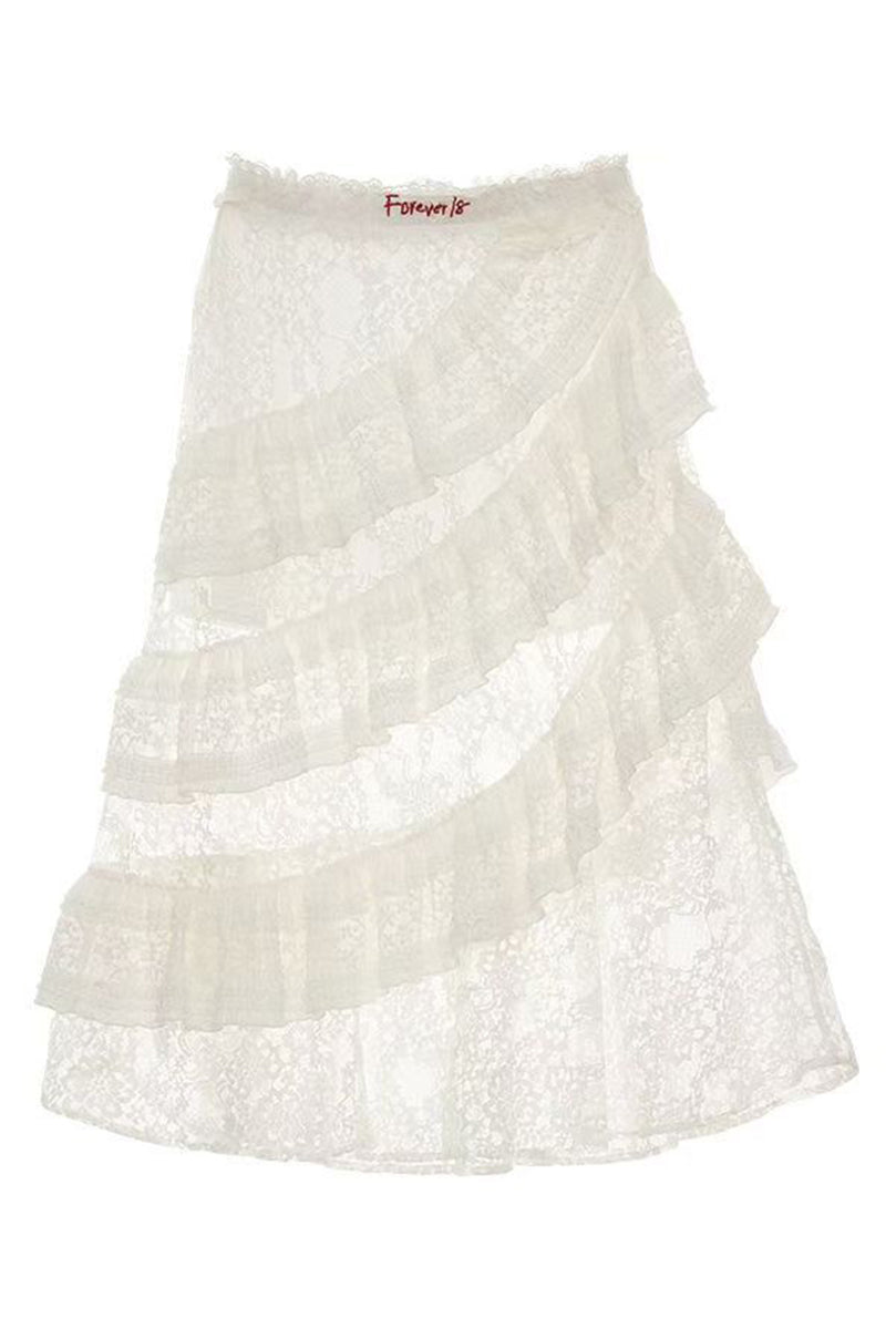 Tiered Asymmetrical  Lace Midi Skirt