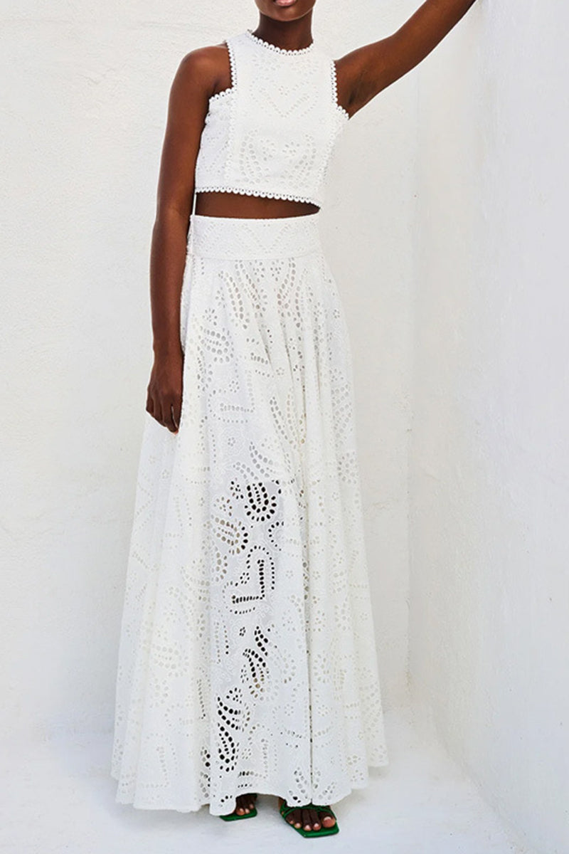 Lace Eyelet Crop Top and Maxi Skirt Set