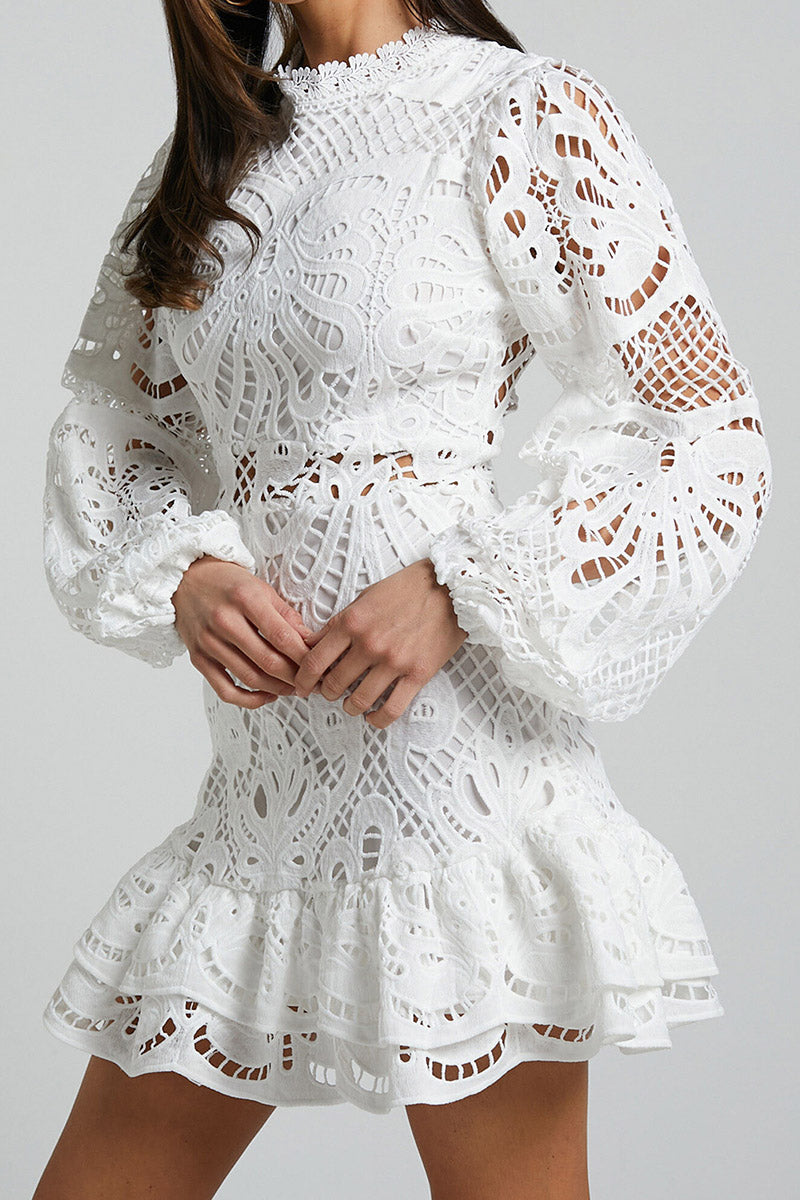 Cutout Floral Lace Ruffle Mini Dress