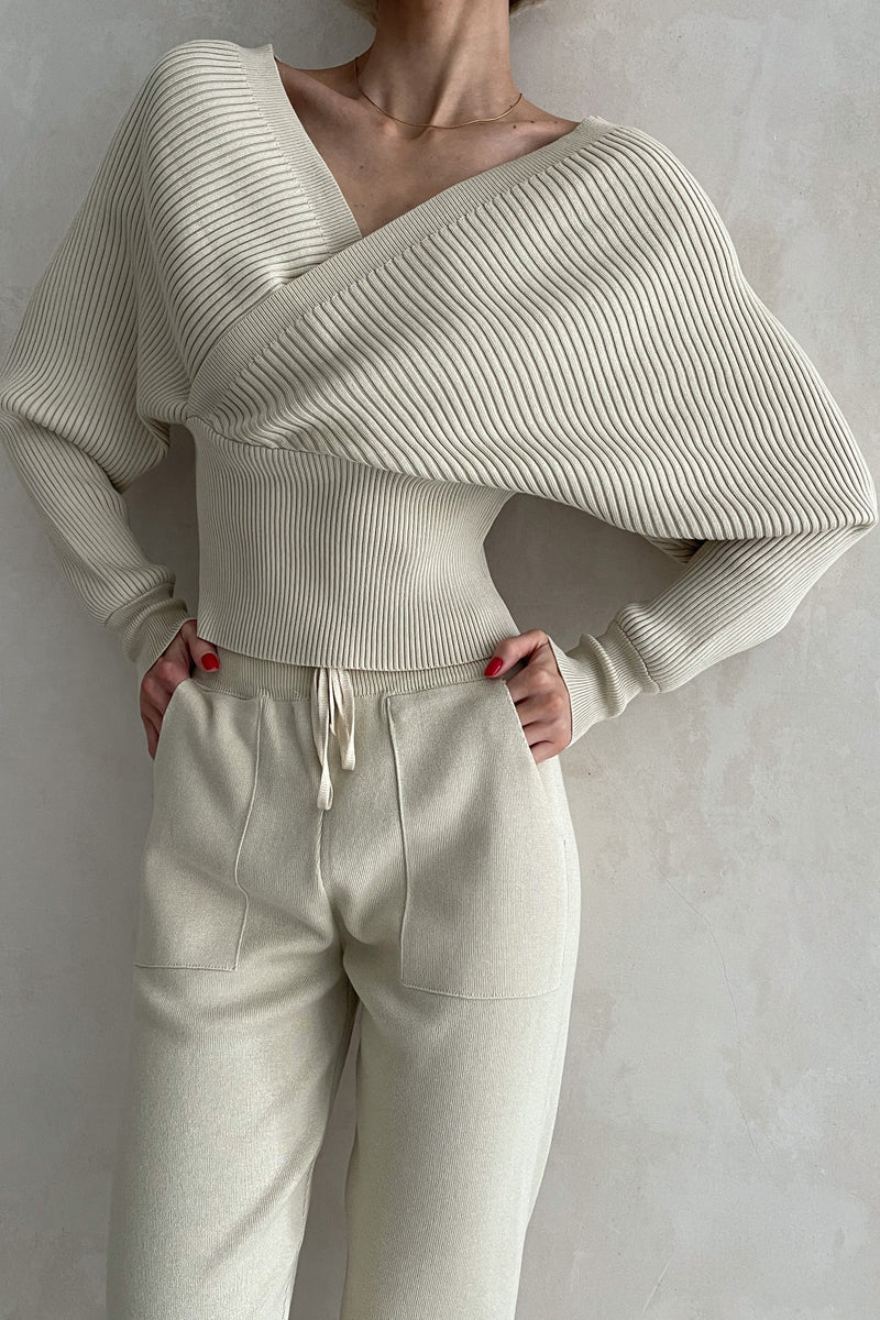 Batwing Sleeve Wrap Knit Sweater and Pants Set