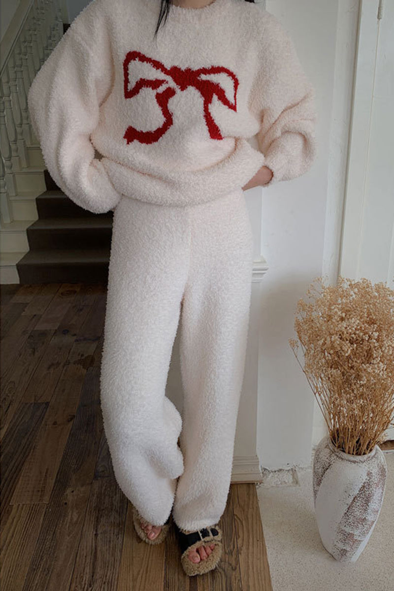 Bow Detail Fuzzy Two-Piece Lounge Set
