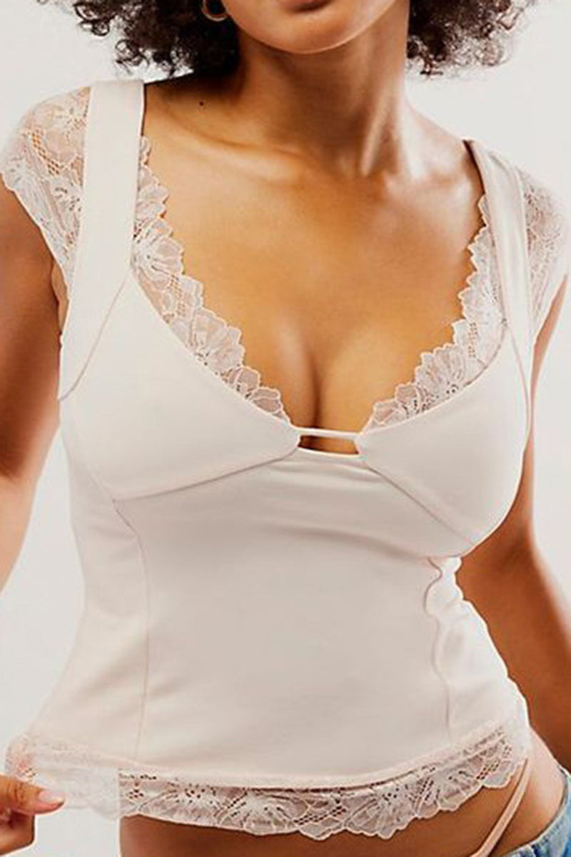 Lace-Trimmed Sleeveless Fitted Top