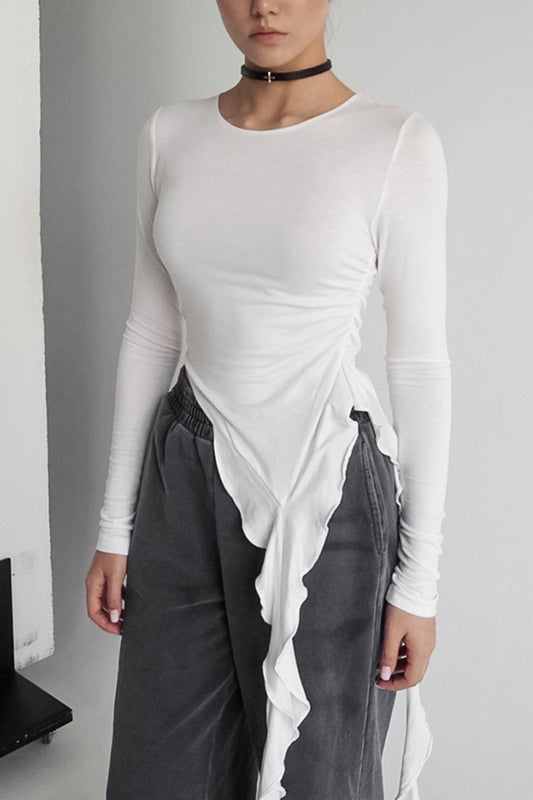 Asymmetric Long-Sleeve Ruched Top