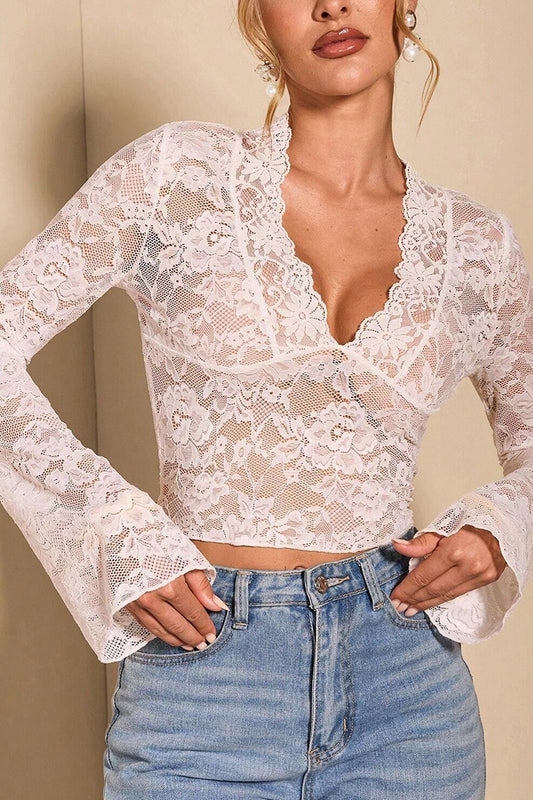 Sheer V-Neck Bell-Sleeve Lace Top