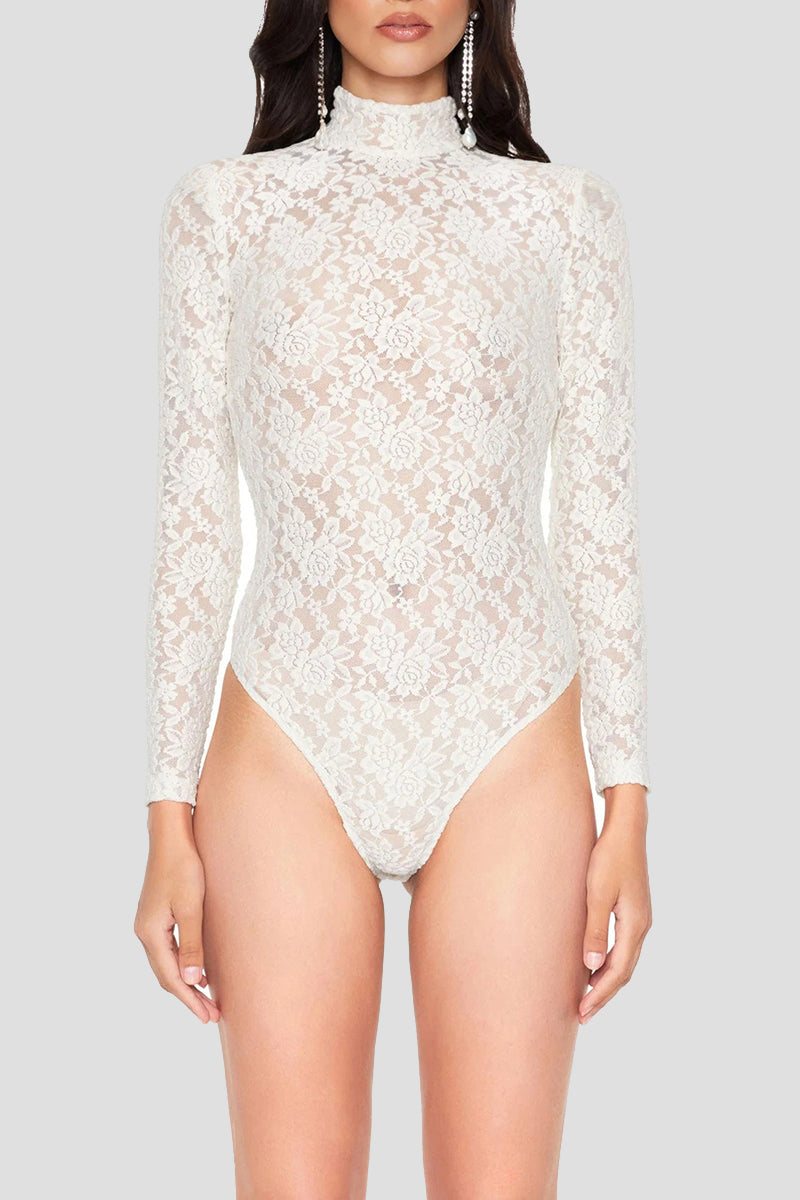 Sheer Lace Long-Sleeve Bodysuit