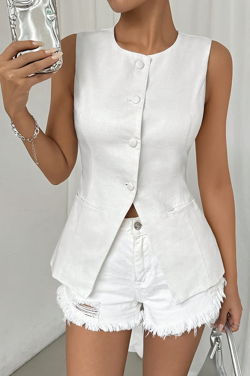 Sleeveless Buttoned Round Neck Vest