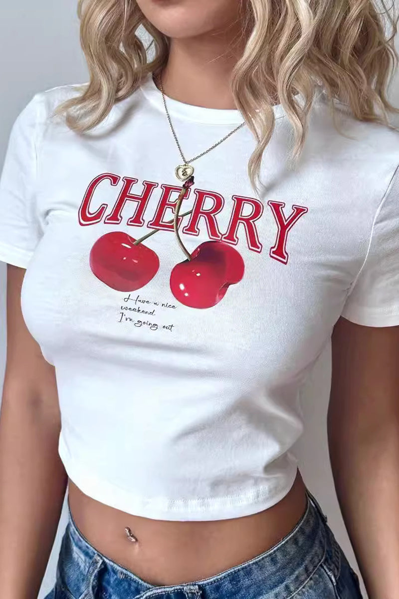 Cherry Print Cropped Graphic Tee