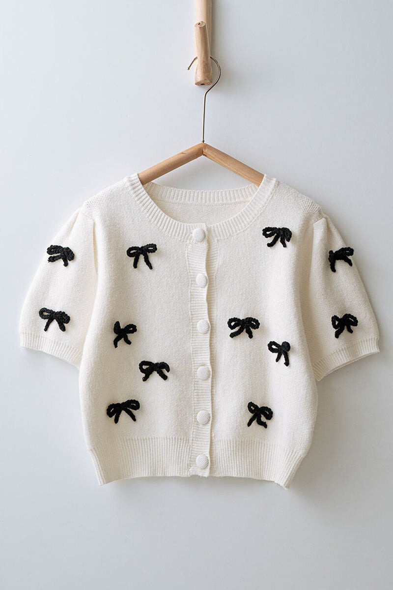 Bow Embellished Button-Up Cardigan