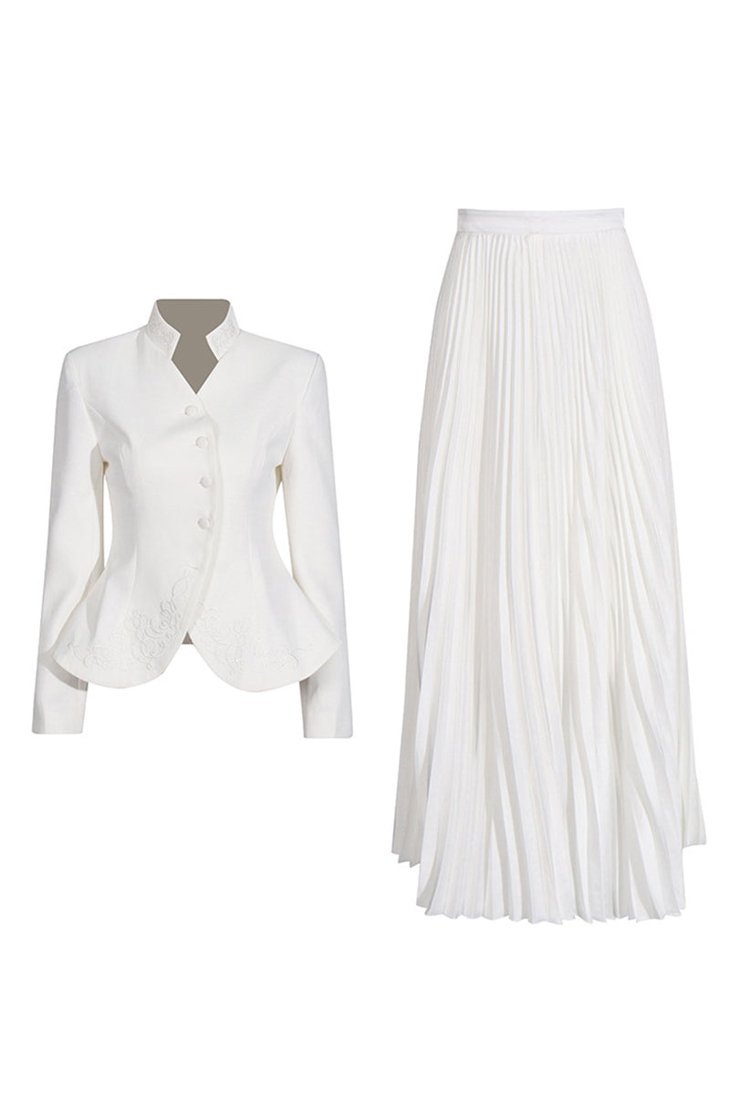 Buttoned Blazer and Pleated Skirt Set