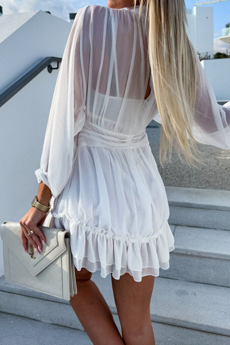 Sheer Layered Puff-Sleeve Dress