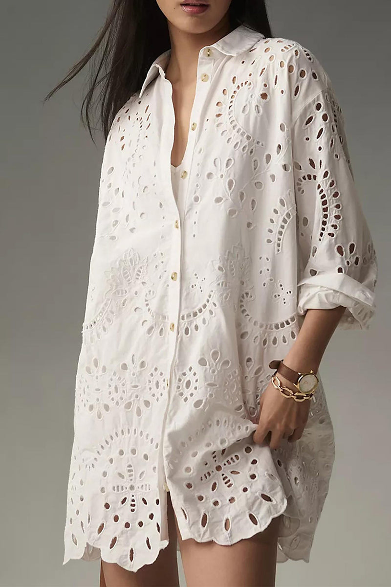 Eyelet Button-Up Tunic Dress