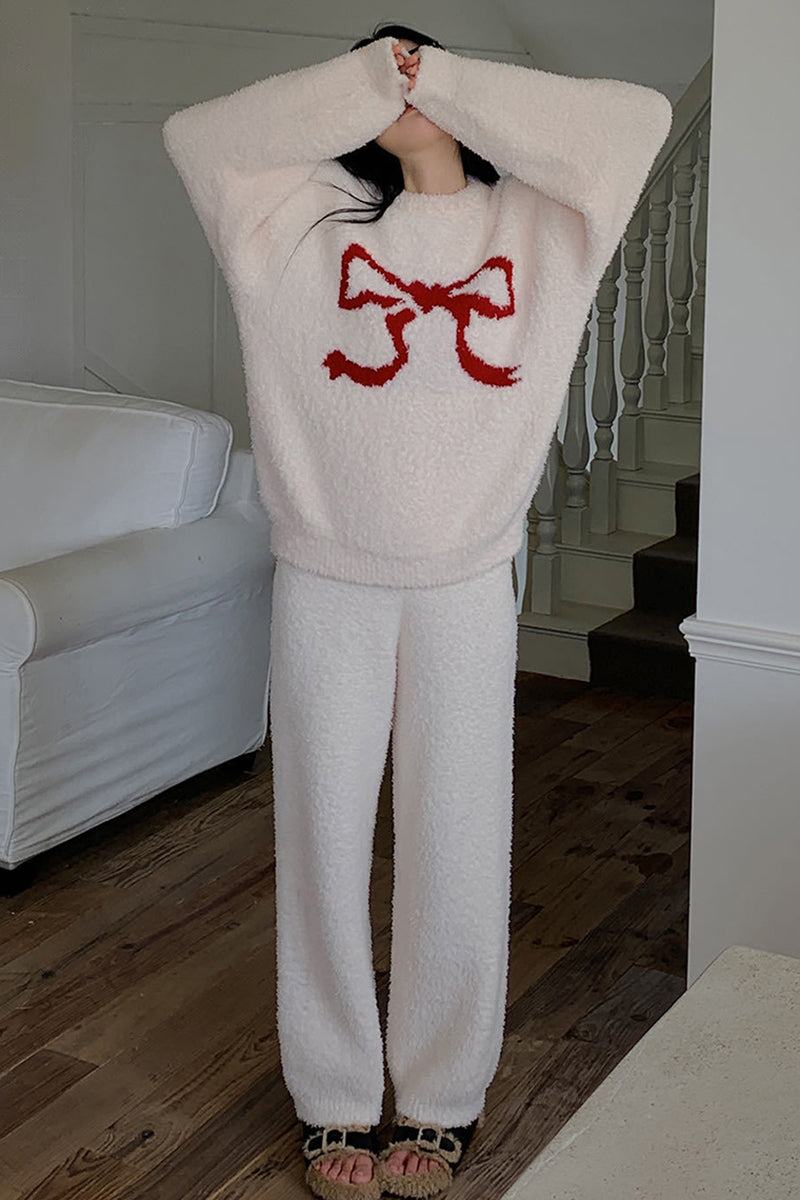 Bow Detail Fuzzy Two-Piece Lounge Set