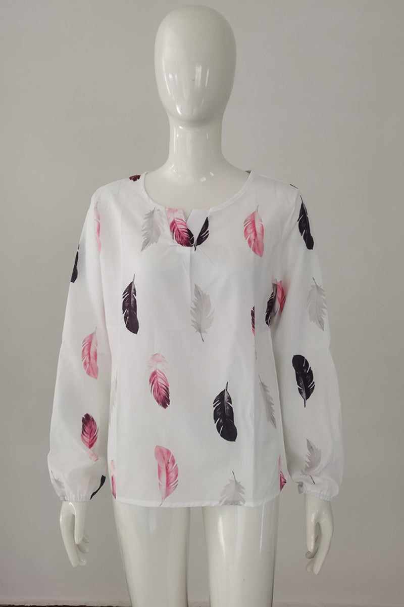 Feather Print V-Neck Blouse