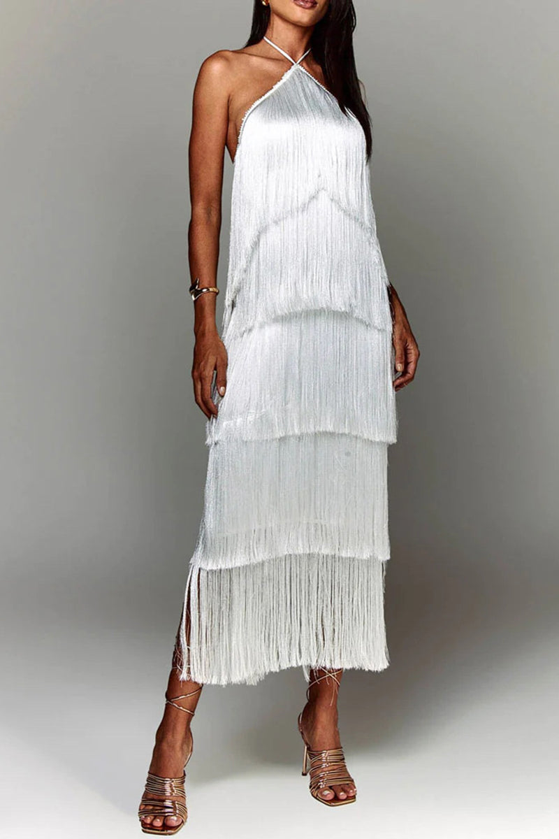 Tiered Fringe Halter Dress