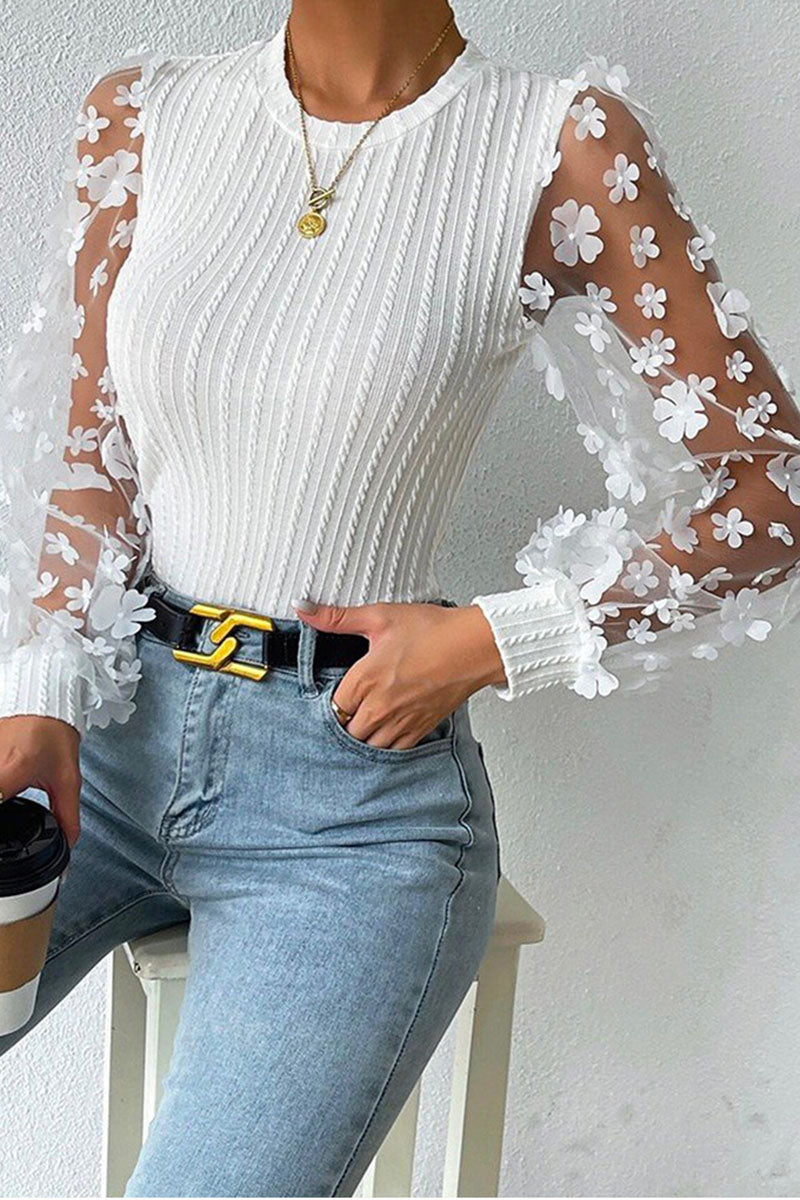 Floral Mesh Puff Sleeve Knit Top