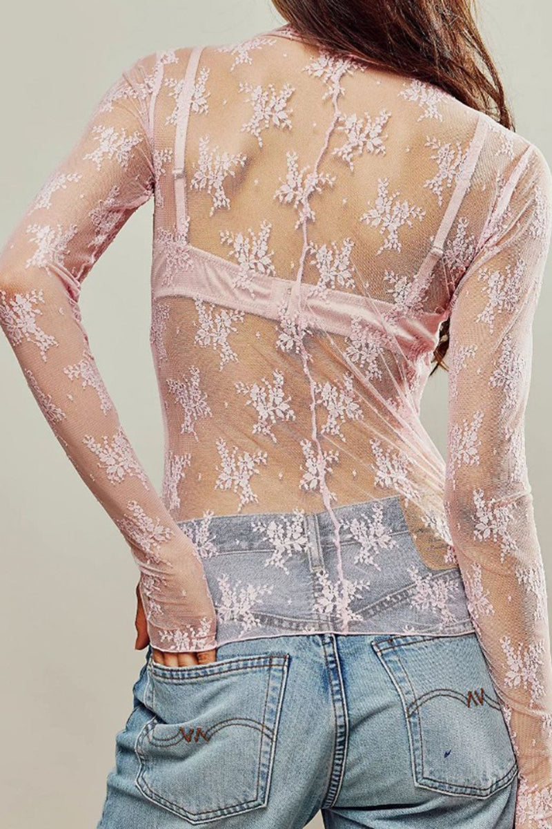 Sheer Floral Long-Sleeve Mesh Top