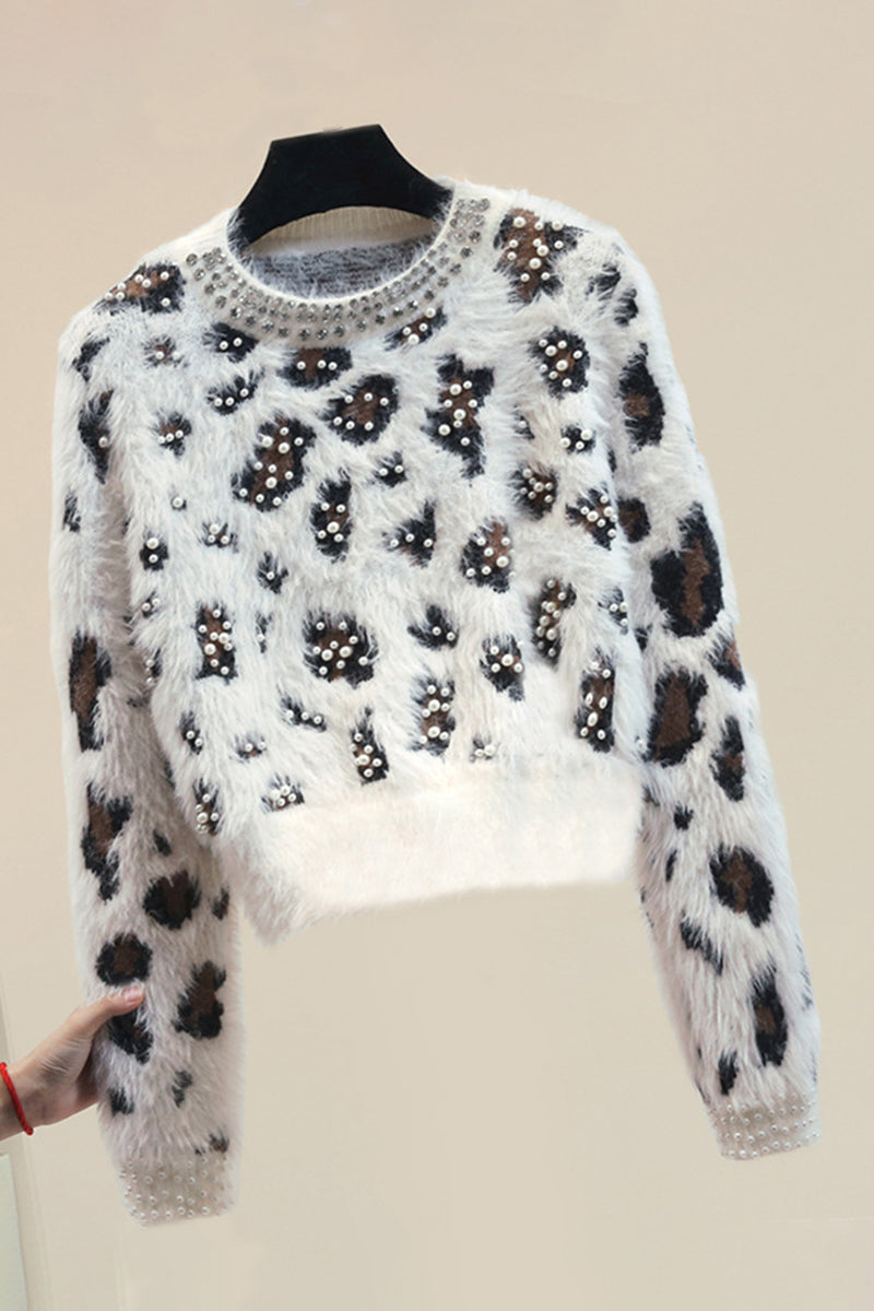 Beaded Animal Print Fuzzy Knit Sweater