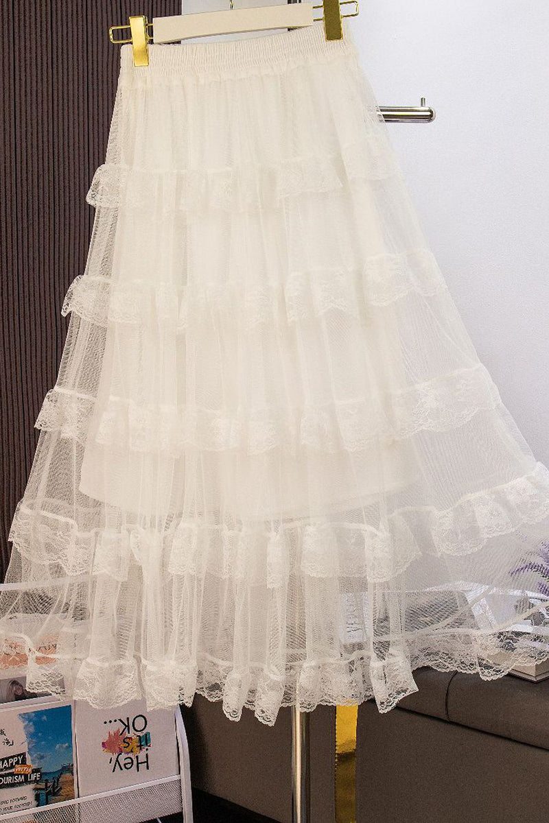 Tiered Mesh Lace Midi Skirt