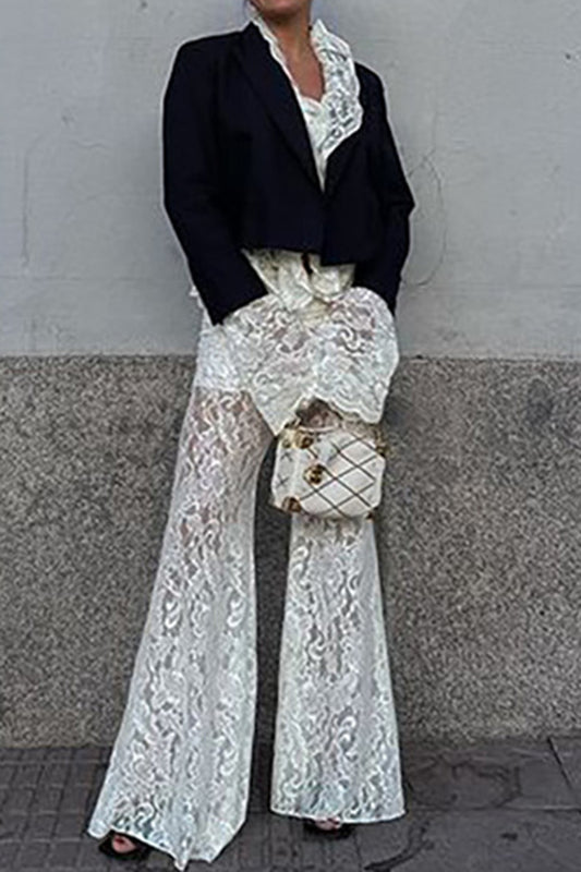 Sheer Lace Top and Flared Pants Set