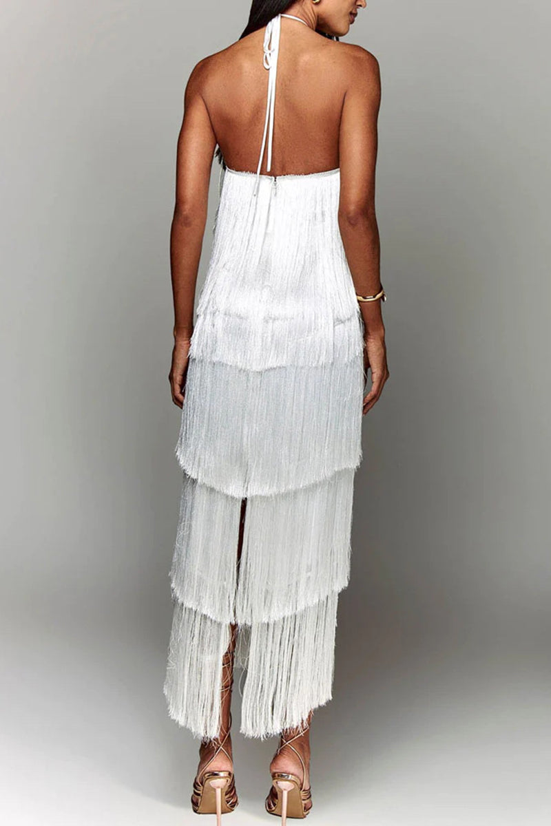 Tiered Fringe Halter Dress