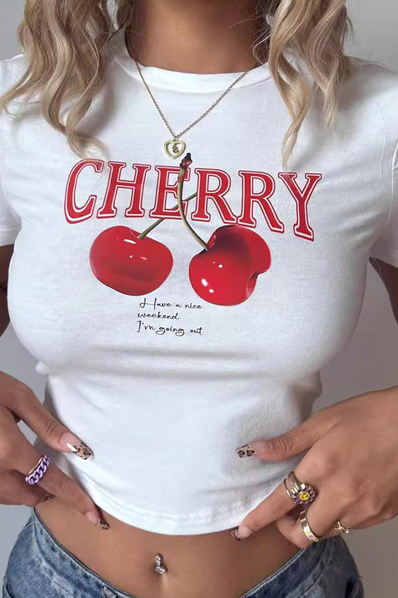 Cherry Print Cropped Graphic Tee