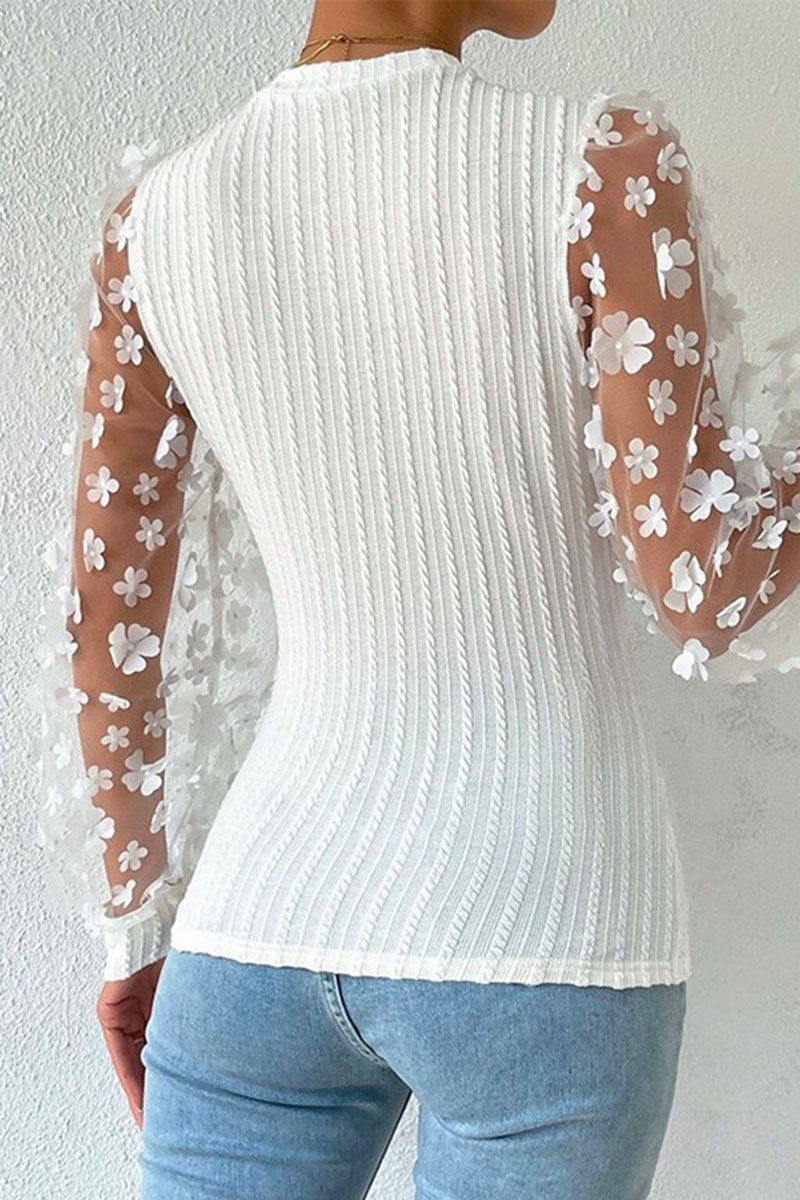 Floral Mesh Puff Sleeve Knit Top