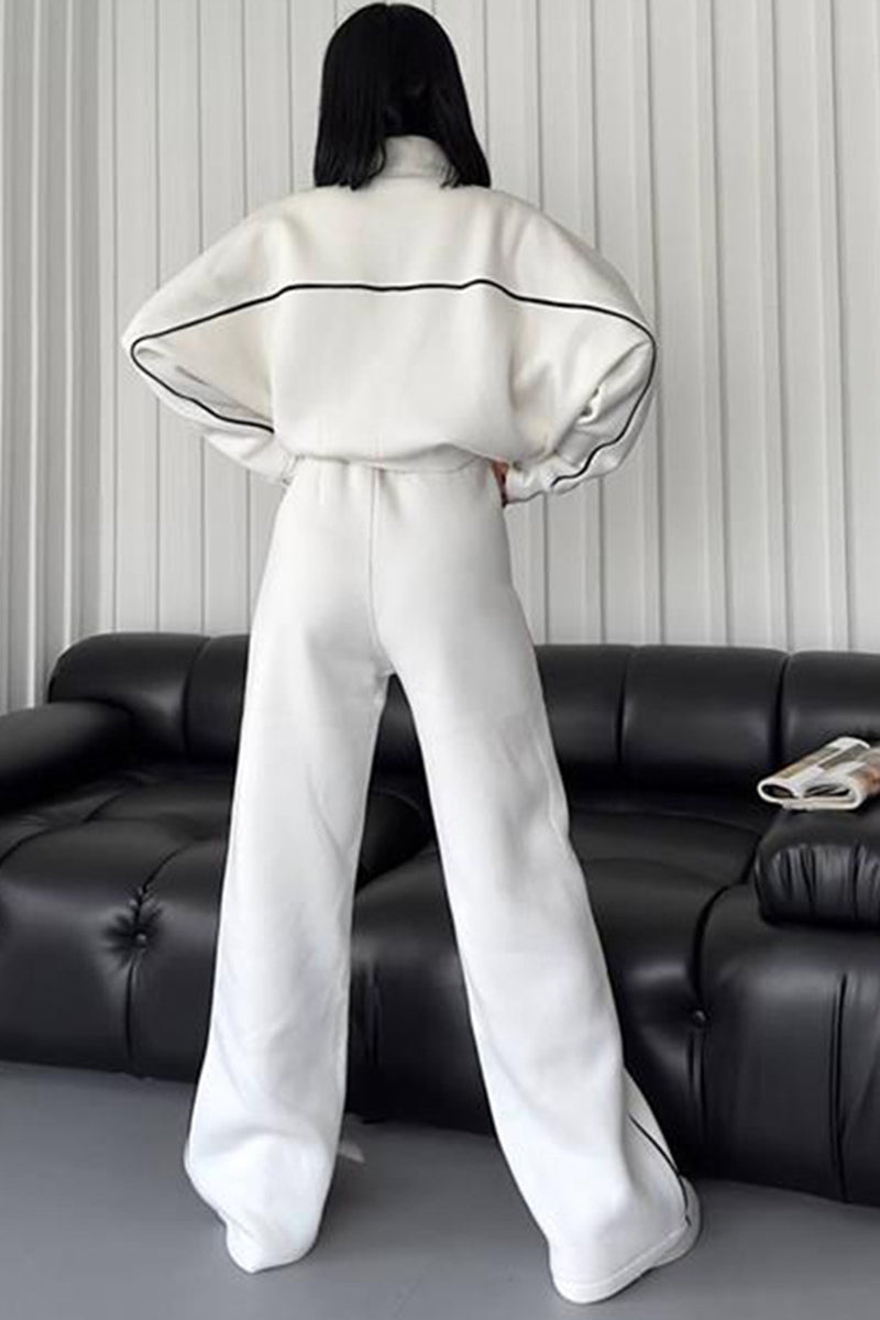 Contrast Piped Zip-Up Top and Wide-Leg Pants Set