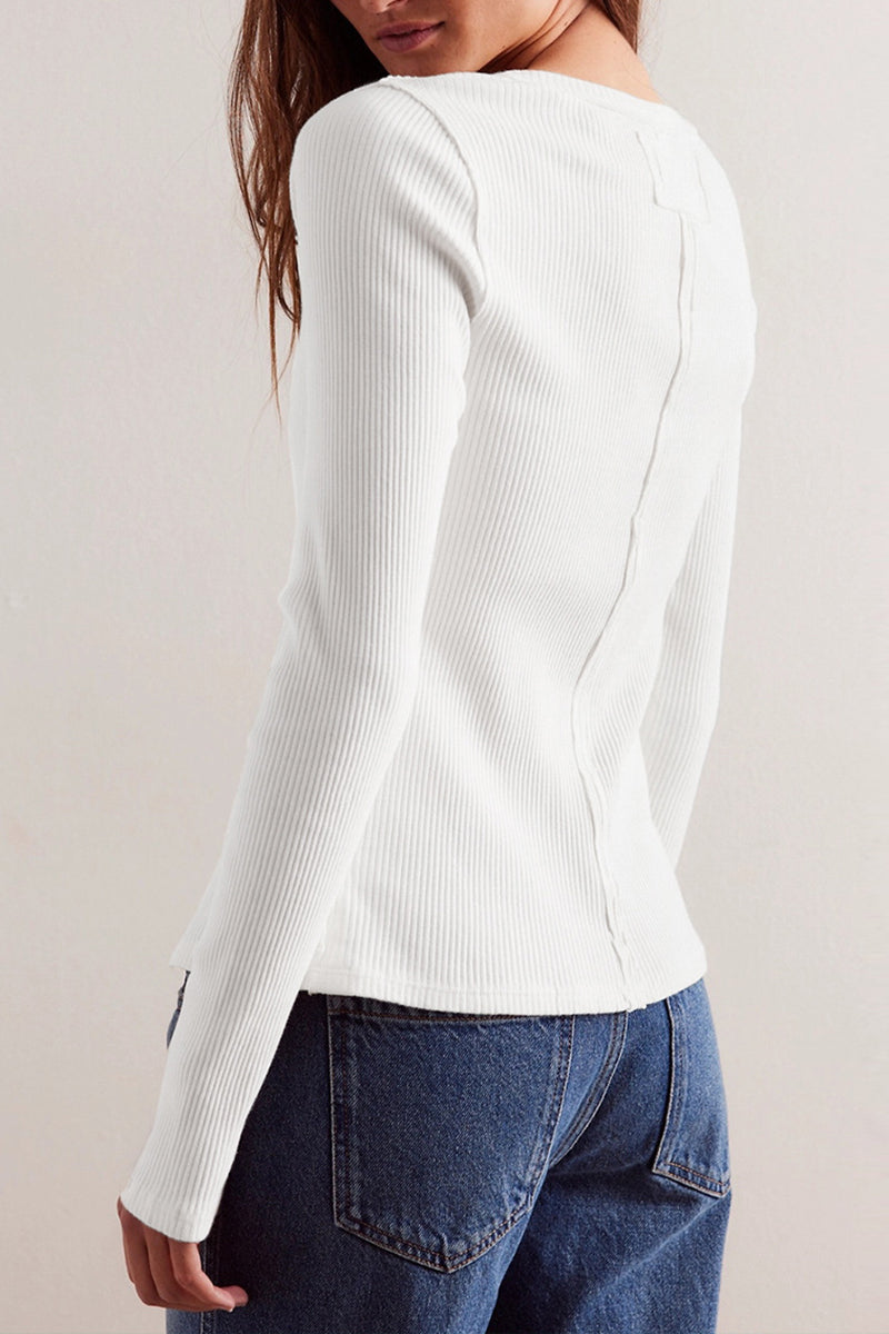 Ribbed Button-Up Long-Sleeve Top