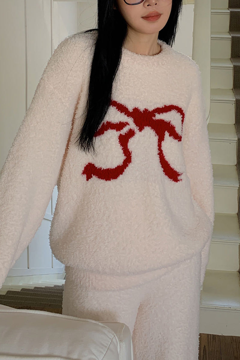 Bow Detail Fuzzy Two-Piece Lounge Set