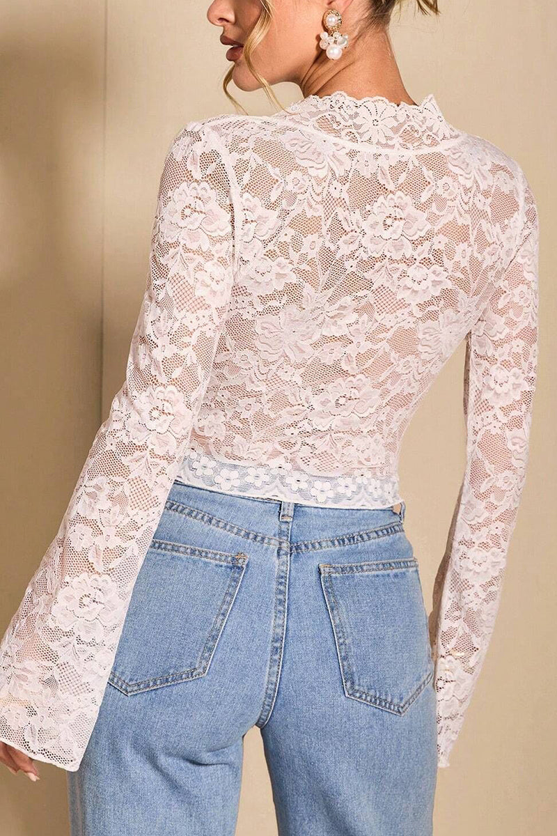 Sheer V-Neck Bell-Sleeve Lace Top