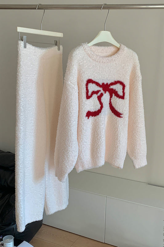Bow Detail Fuzzy Two-Piece Lounge Set