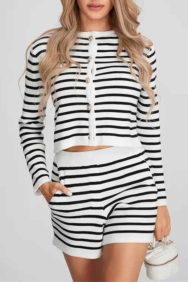 Striped Buttoned Sweater and Shorts Set