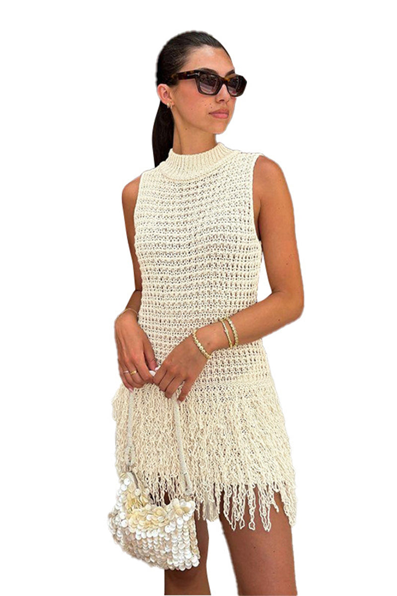 Sleeveless Fringe Hem Knitted Mini Dress