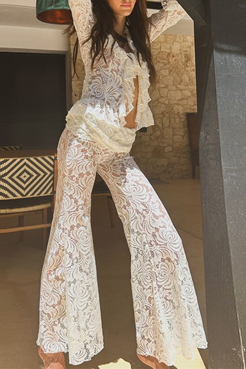 Sheer Lace Top and Flared Pants Set