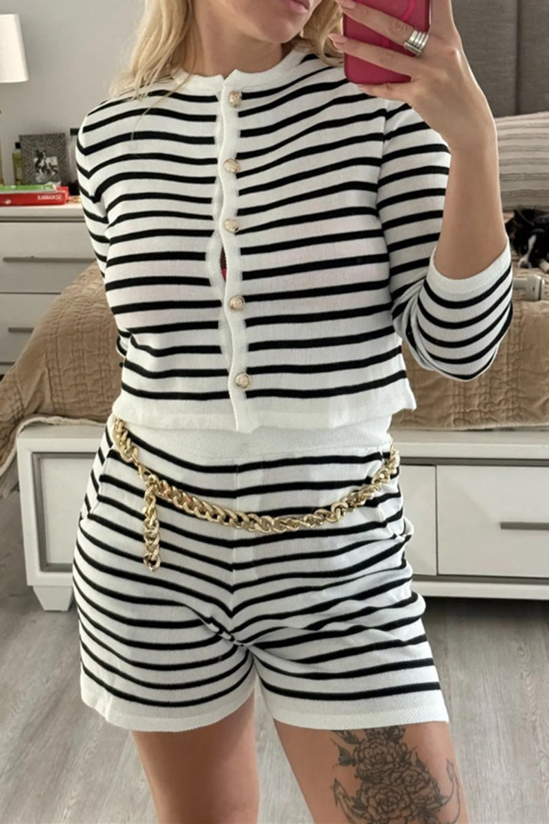 Striped Buttoned Sweater and Shorts Set