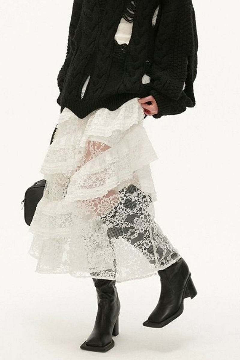 Tiered Asymmetrical  Lace Midi Skirt