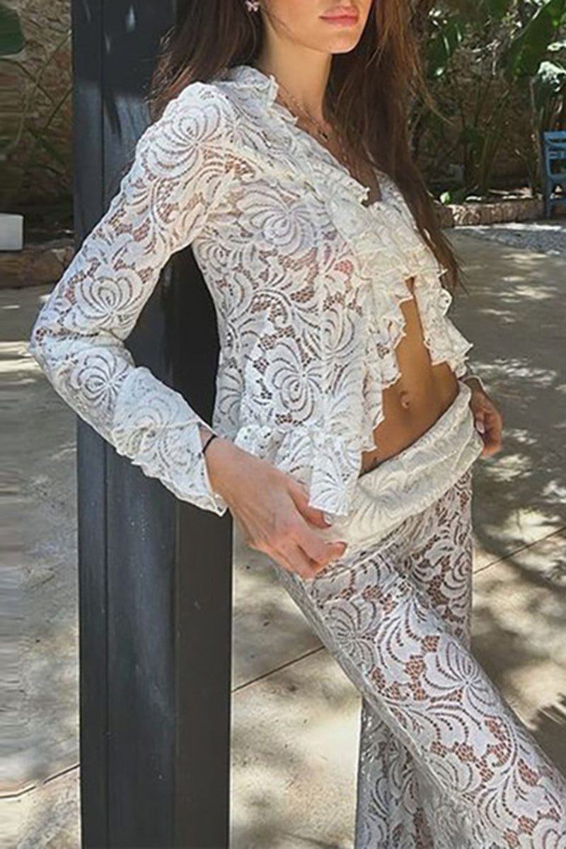 Sheer Lace Top and Flared Pants Set