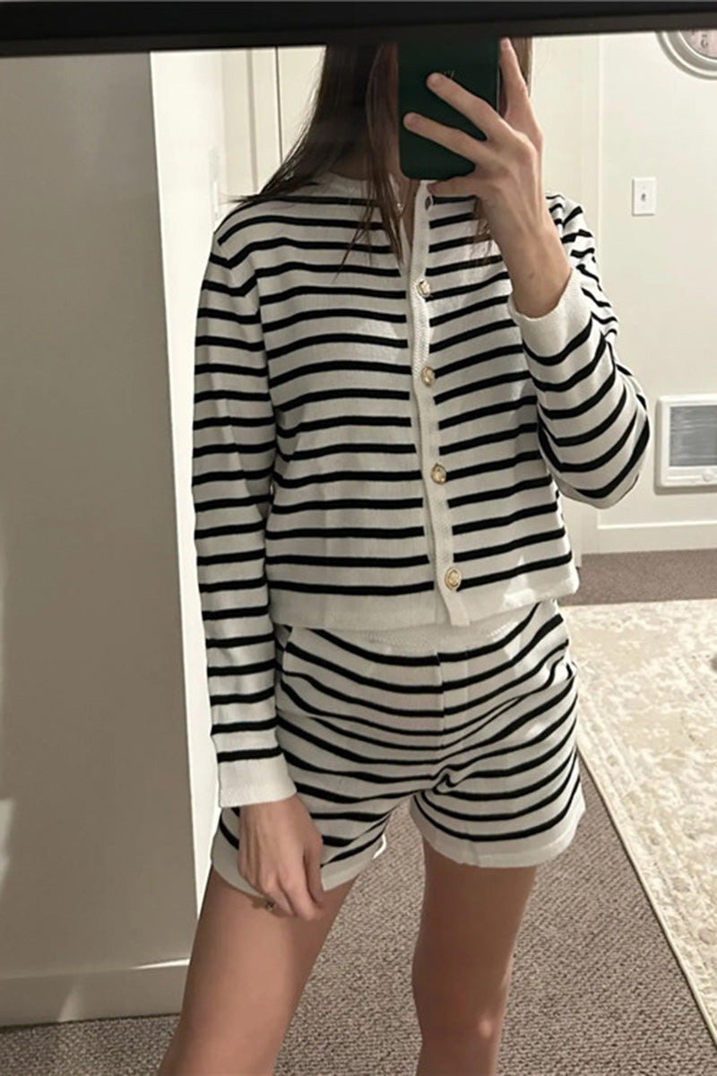 Striped Buttoned Sweater and Shorts Set