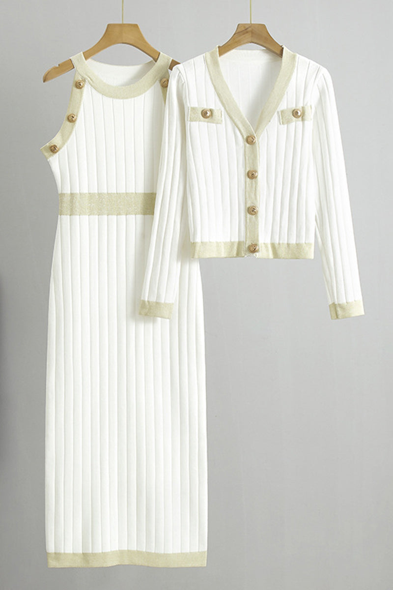 Button-Detail Ribbed Midi Dress and Cardigan Set