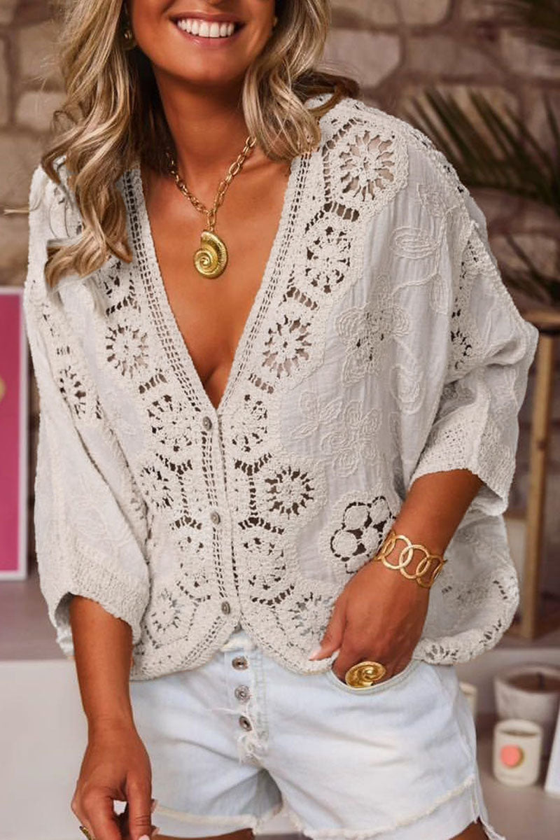 Crochet Print Cutout V-Neck Knit Top