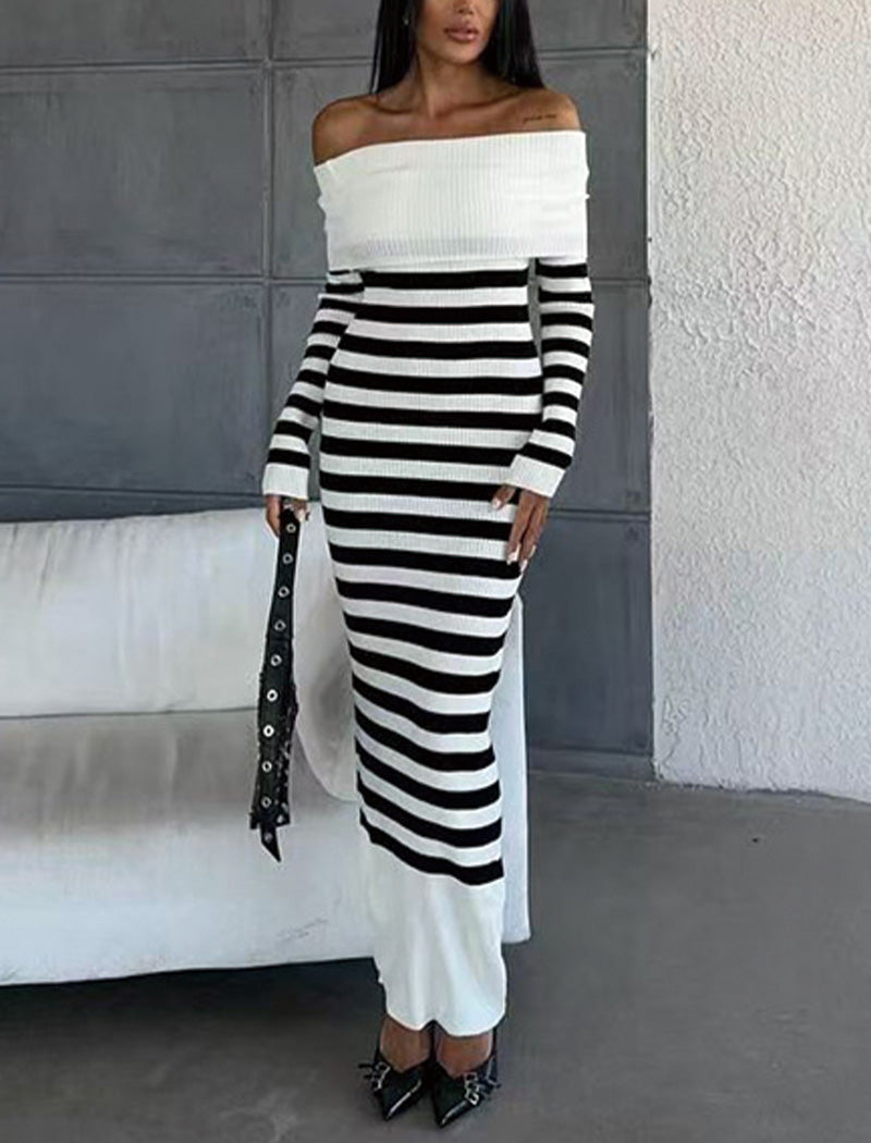 Off-Shoulder Striped Knit Dress