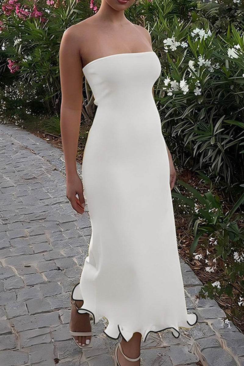 Strapless Scalloped Hem Maxi Dress