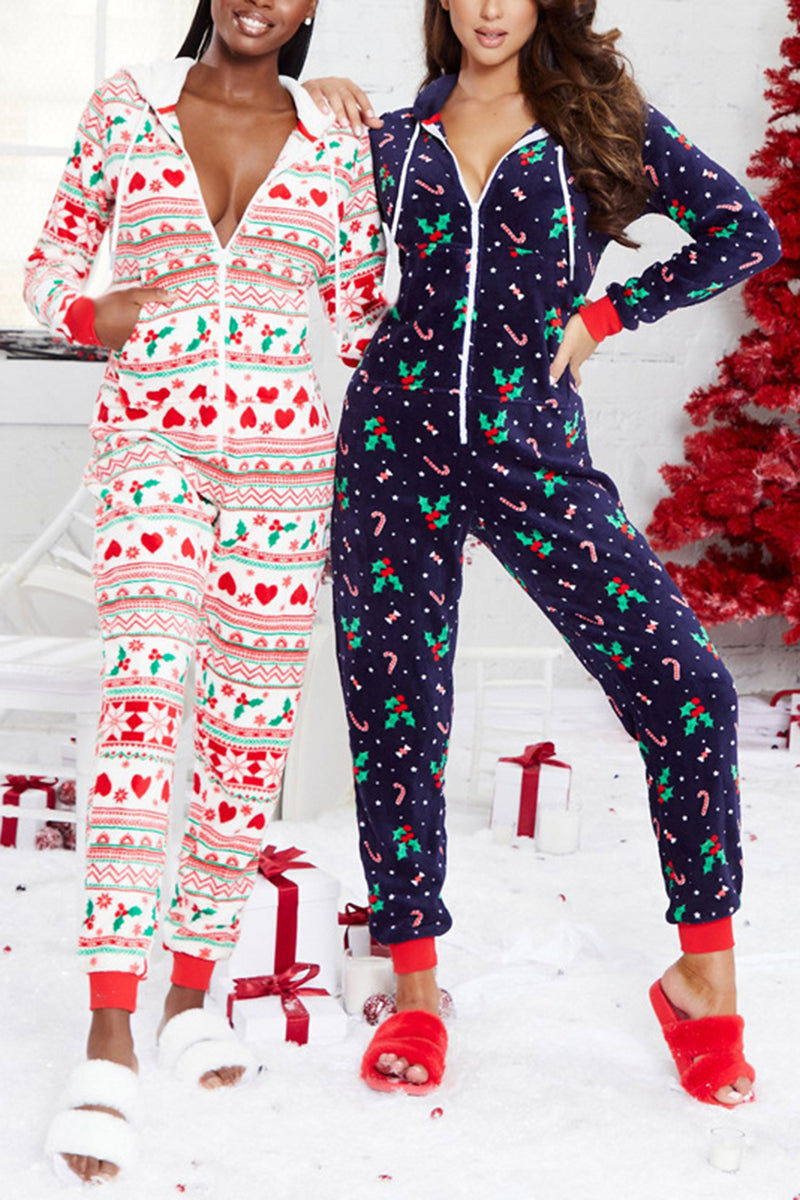 Christmas Print Long Sleeves Zipper Front Jumpsuit