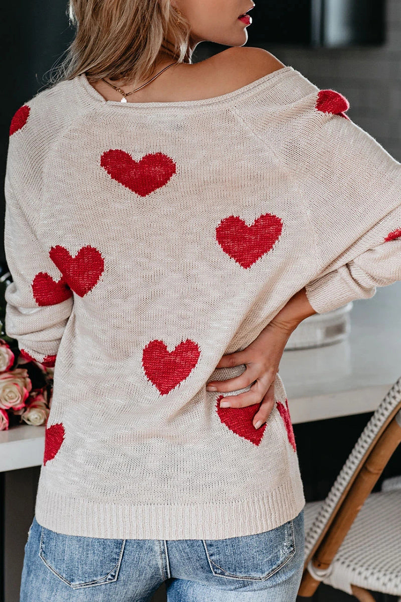 Off-Shoulder Heart Knit Sweater