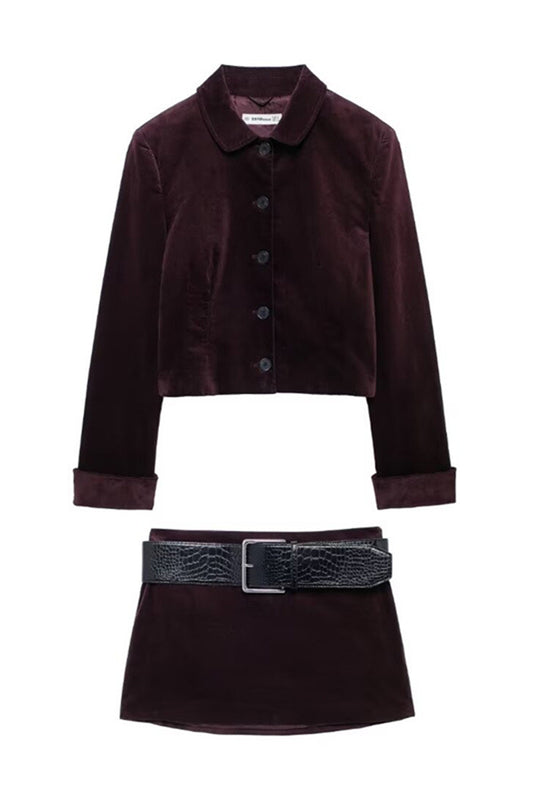 Velvet Cropped Jacket and Mini Skirt Set