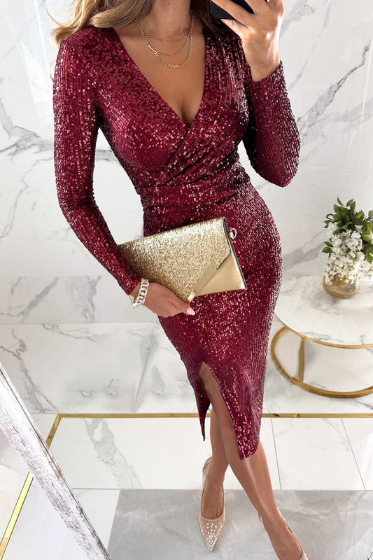 Sequin Wrap Midi Dress with Side Slit